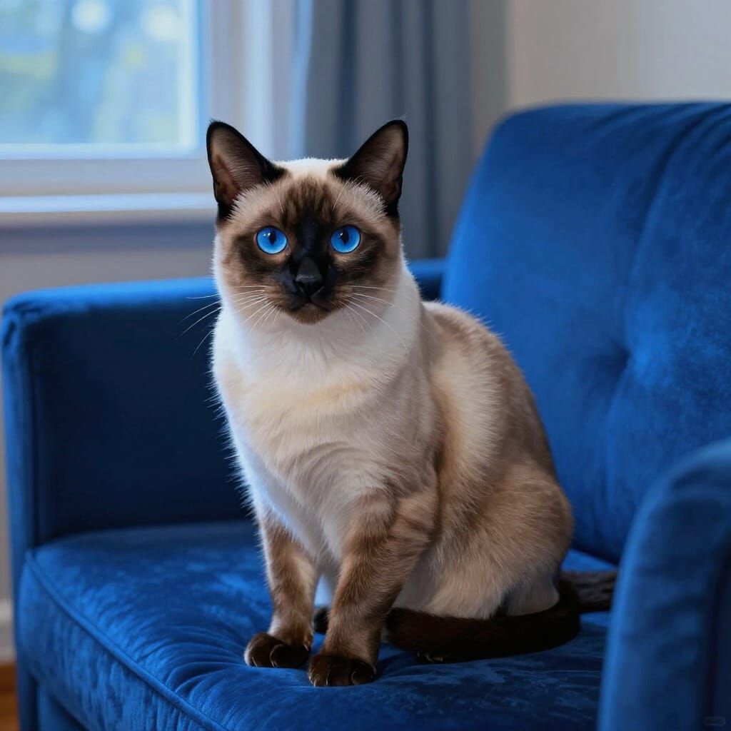Siamese Cat on Blue Velvet Sofa with Ethereal Blue Light