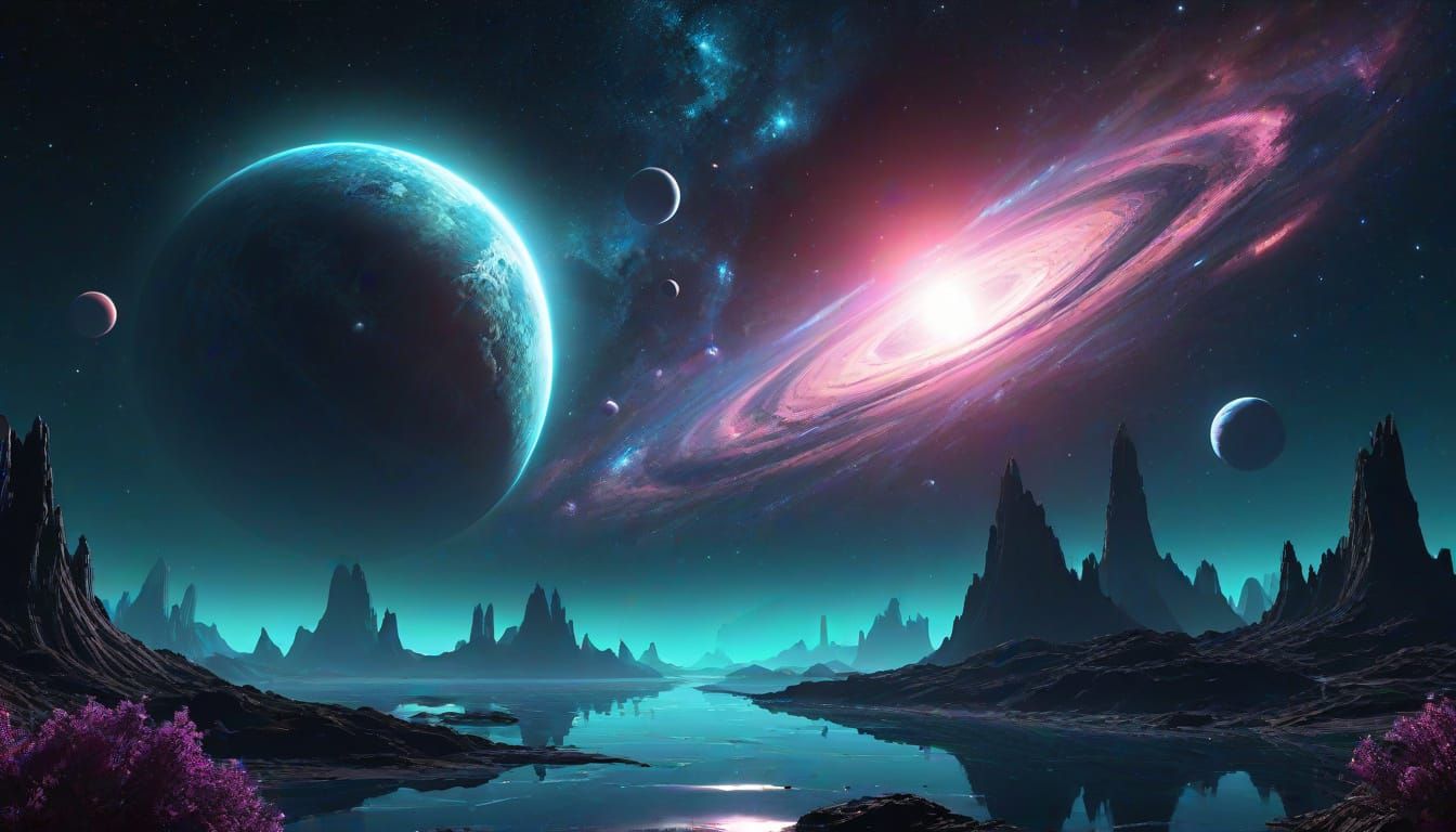 Alien Nebula with Bioluminescent Flora and Distant Suns