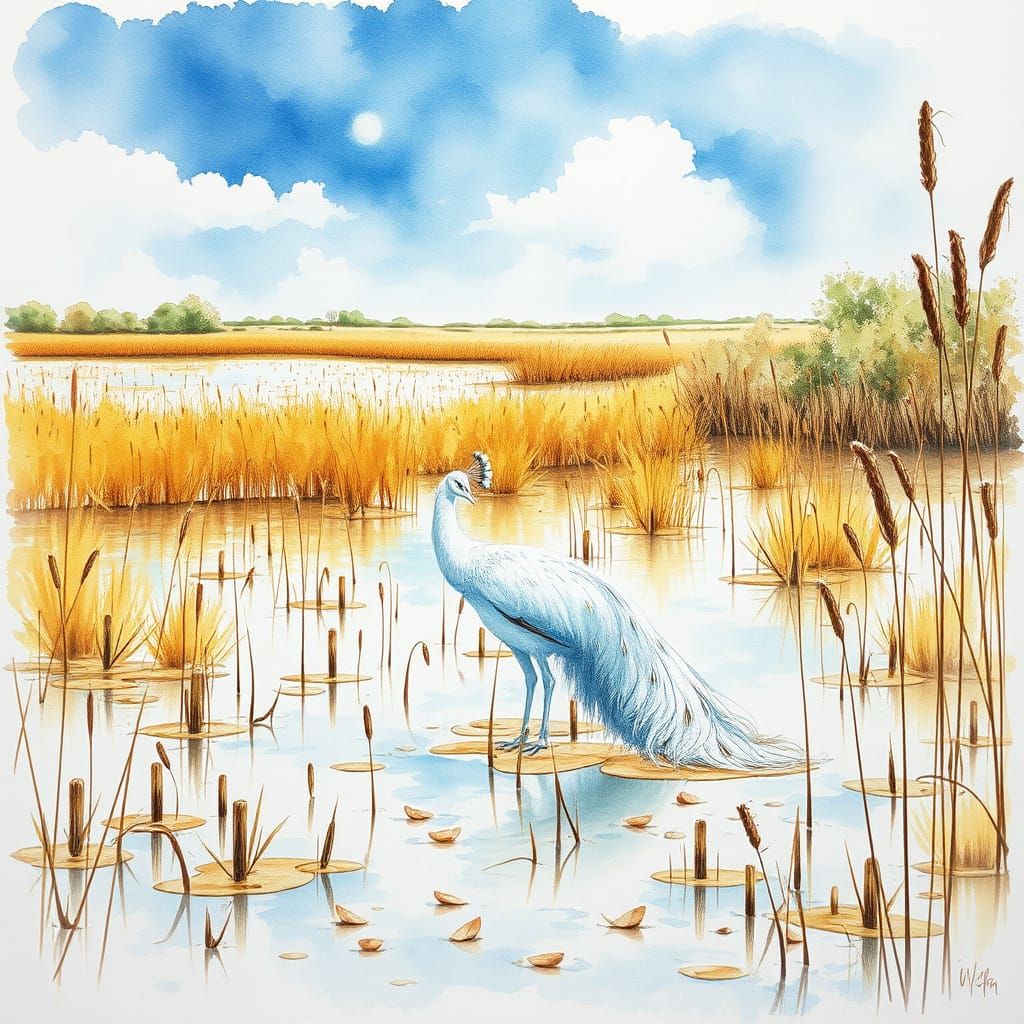 majestic white peacock amidst the golden reeds