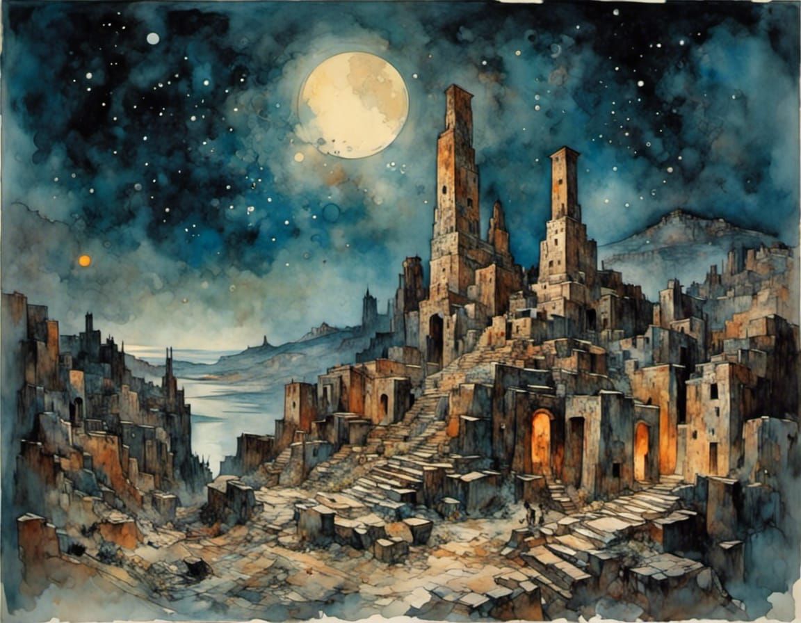 Minoan Ruins by Moonlight with Milky Way