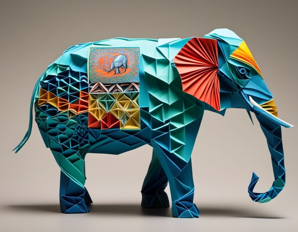 A vibrant origami elephant ambling through a fantastical pap...