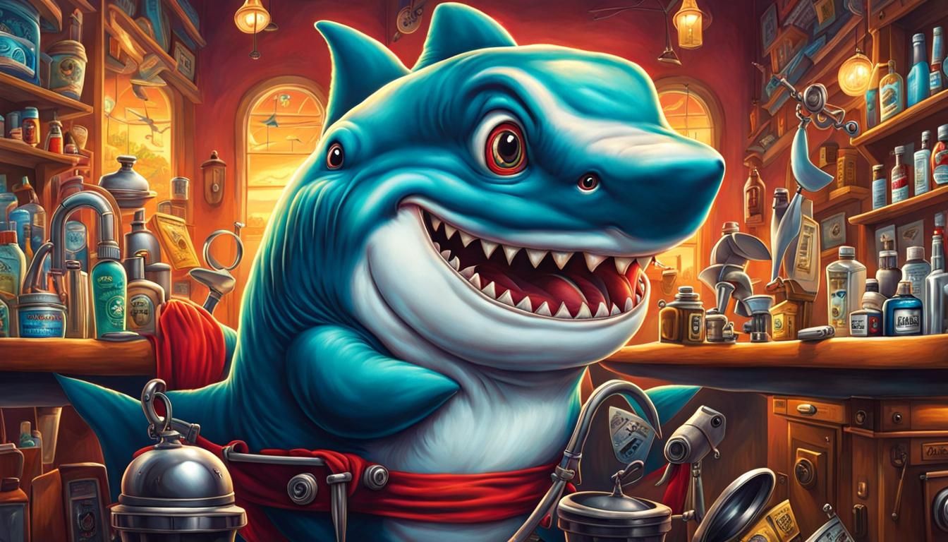 Anthropomorphic Shark Barber with Vibrant Colors