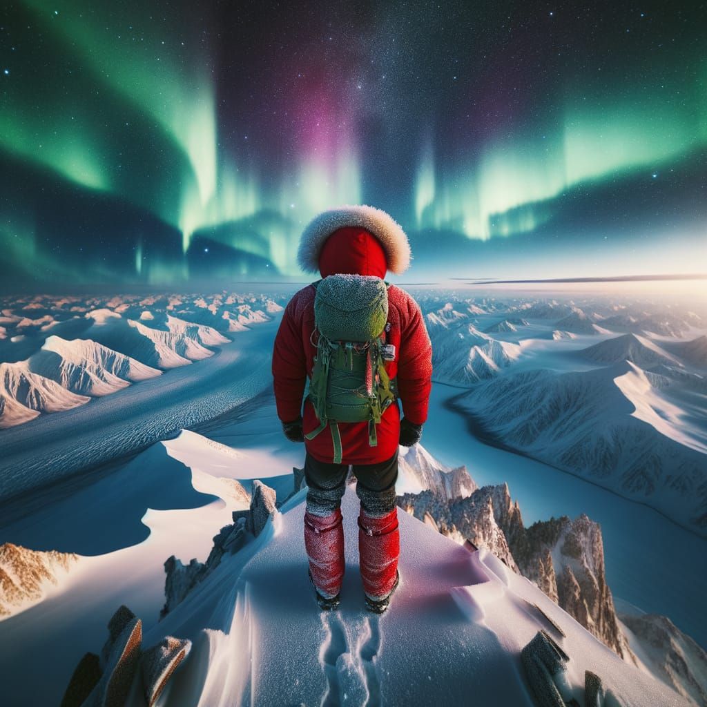Denali Summit Hiker Under Northern Lights