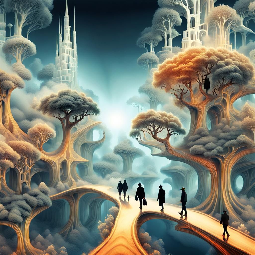 Surreal Inverted City with Steampunk Figures