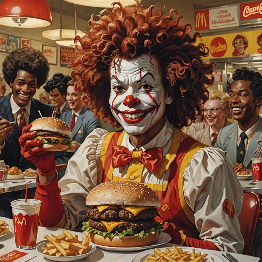 Creepy Ronald McDonald with Afro, Cheeseburger, Pin-Up Art