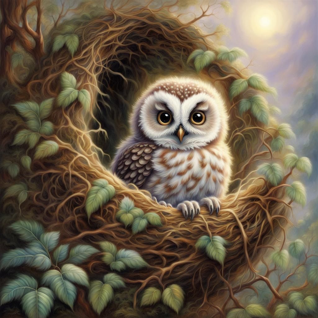 Ethereal Baby Owl Peering From Nest