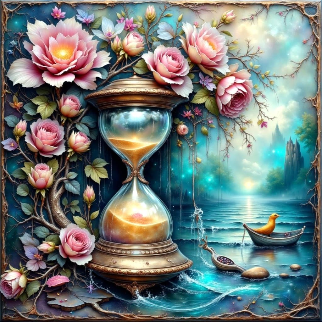 Ethereal Ink-Lined Oil Painting with Crepuscular Rays