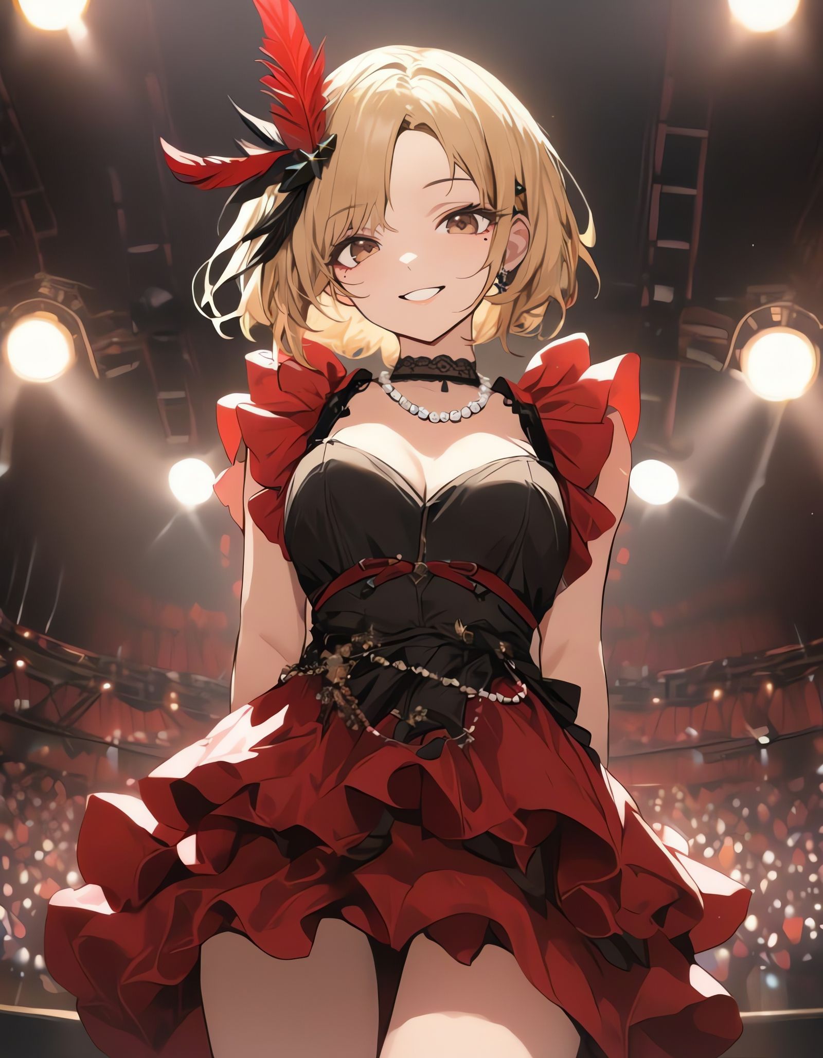 A Young Woman Shines on Stage with Elegance and Whimsy