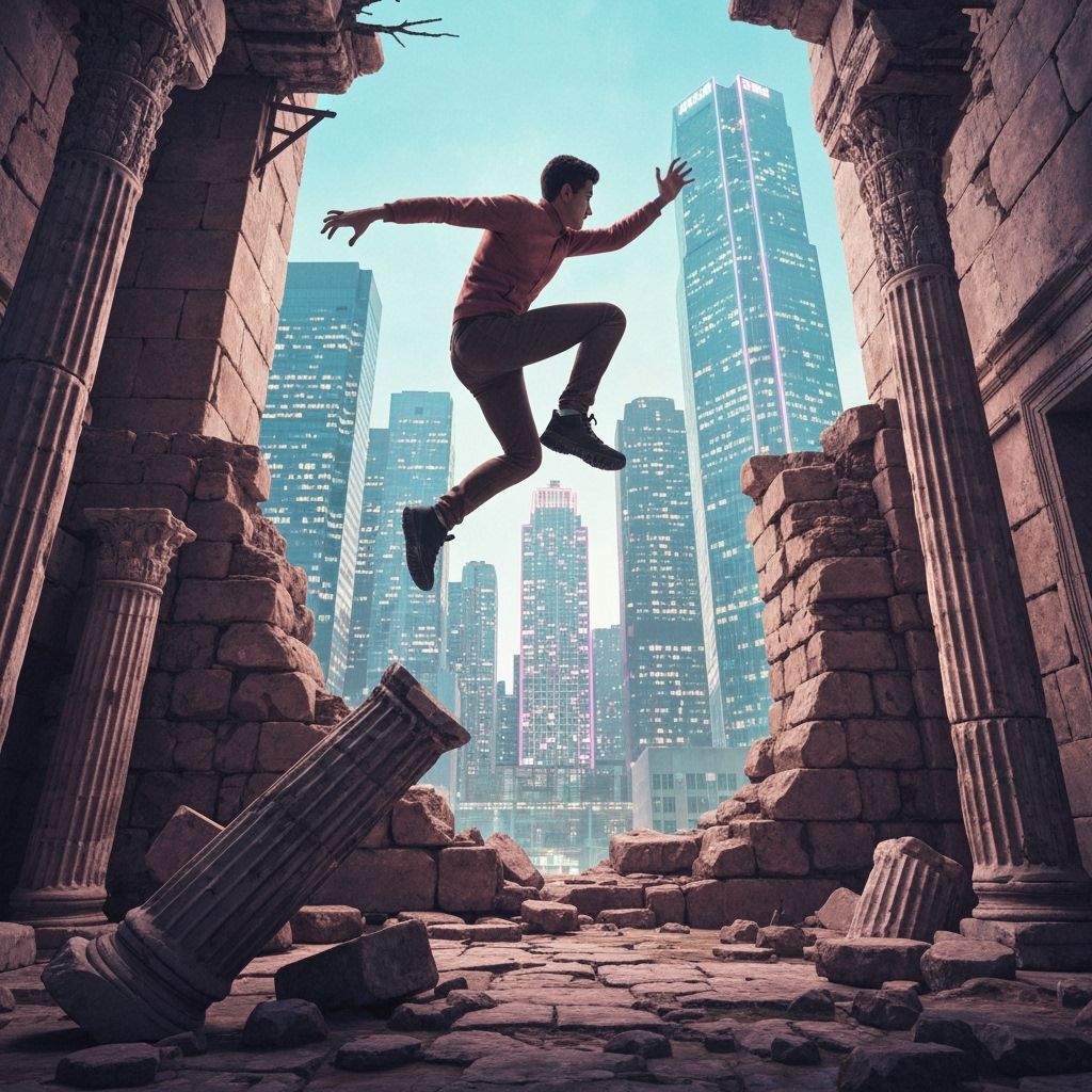 Time Traveler: Ruins and Neon in Surreal Landscape