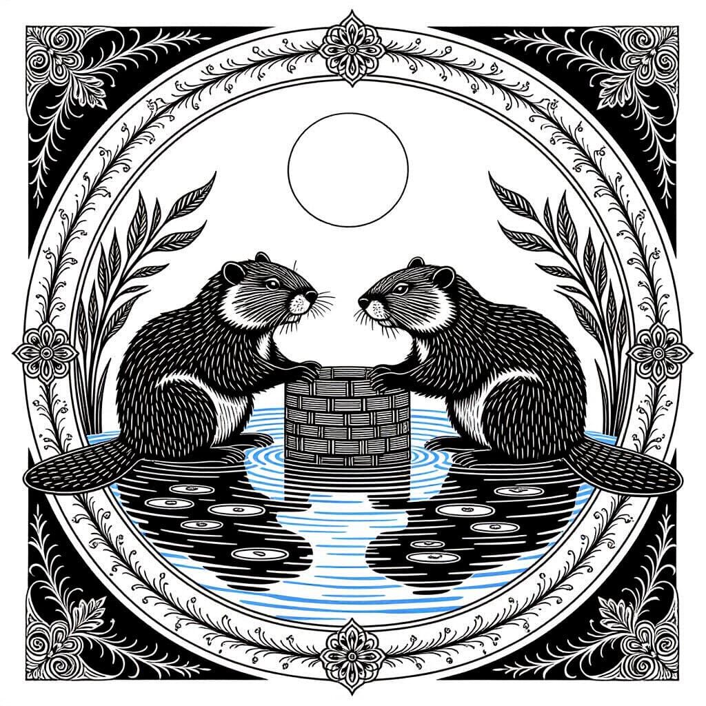 Beaver Moon Mandala: Geometric Black and White Illustration