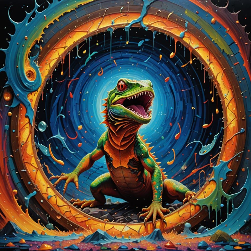Lizard's Psychedelic Portal Mishap: Cosmic Oil Painting