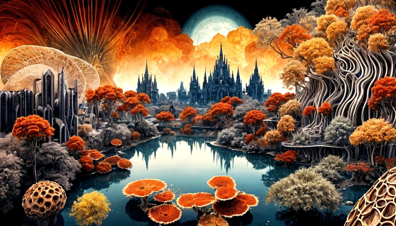 Futuristic Gaudi Cityscape with Bioluminescent Mushroom Buil...