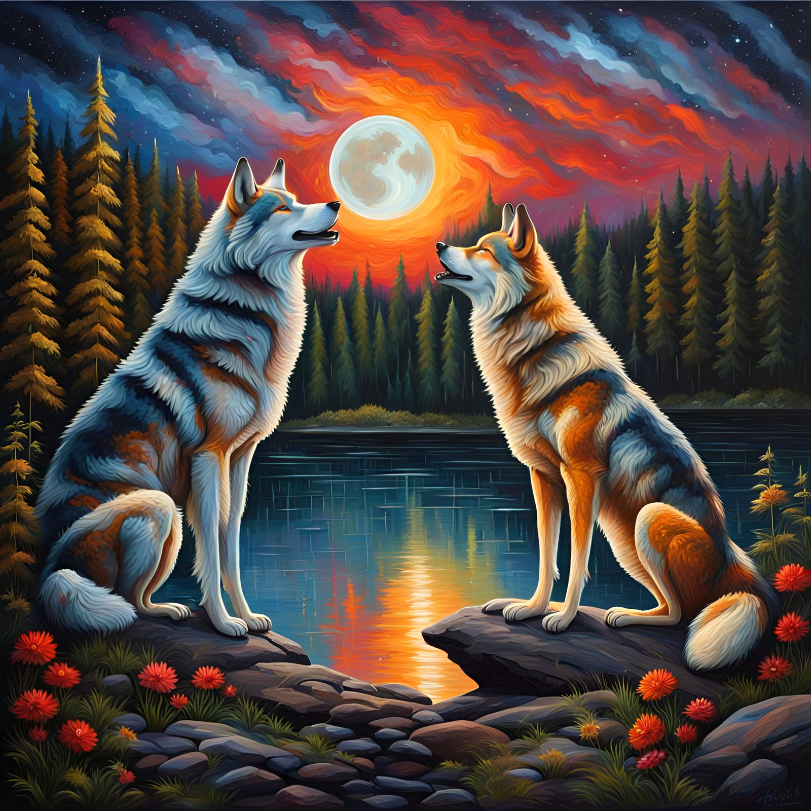 Wolves Howling at the Moon in Oil Painting Style