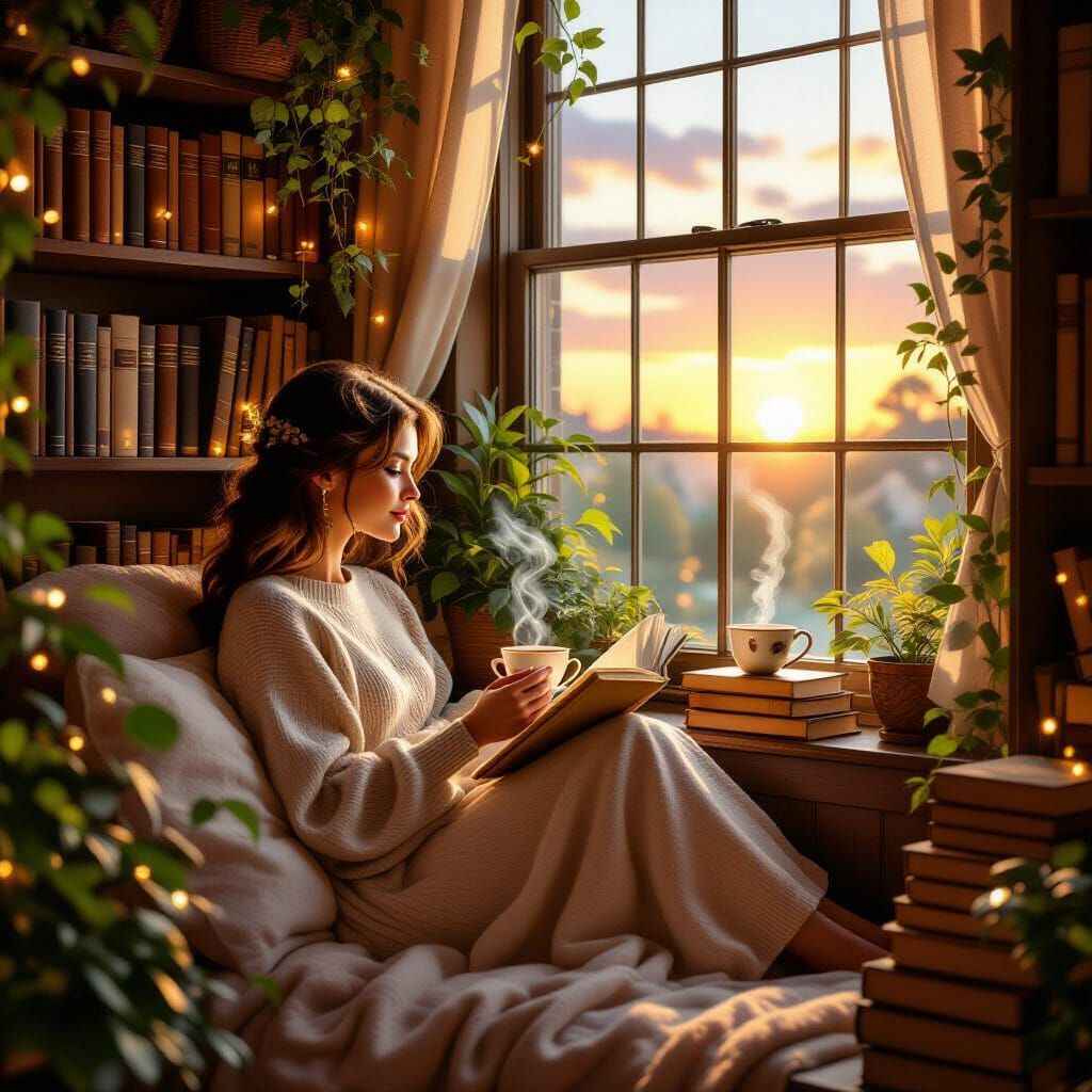 Cozy Reading Nook at Sunset, Dreamy Aesthetic