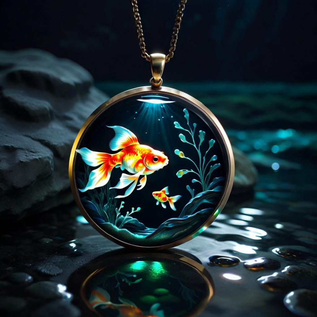 Bioilluminated Goldfish in Dark River, Jewelry Art