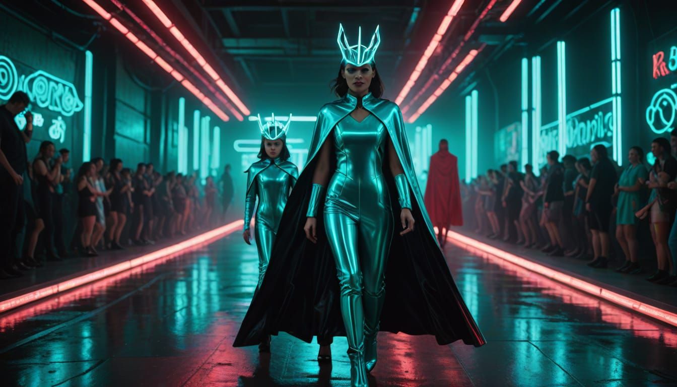 Cyberpunk Mother and Daughter on Neon Runway