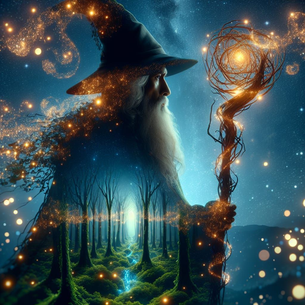 photorealistic, double exposure image of earth wizard, mystical, carrying a glowing viny staff, inside the double image ...