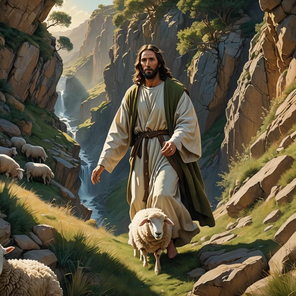 Jesus Christ Rescuing Sheep: Hyperrealistic Concept Art