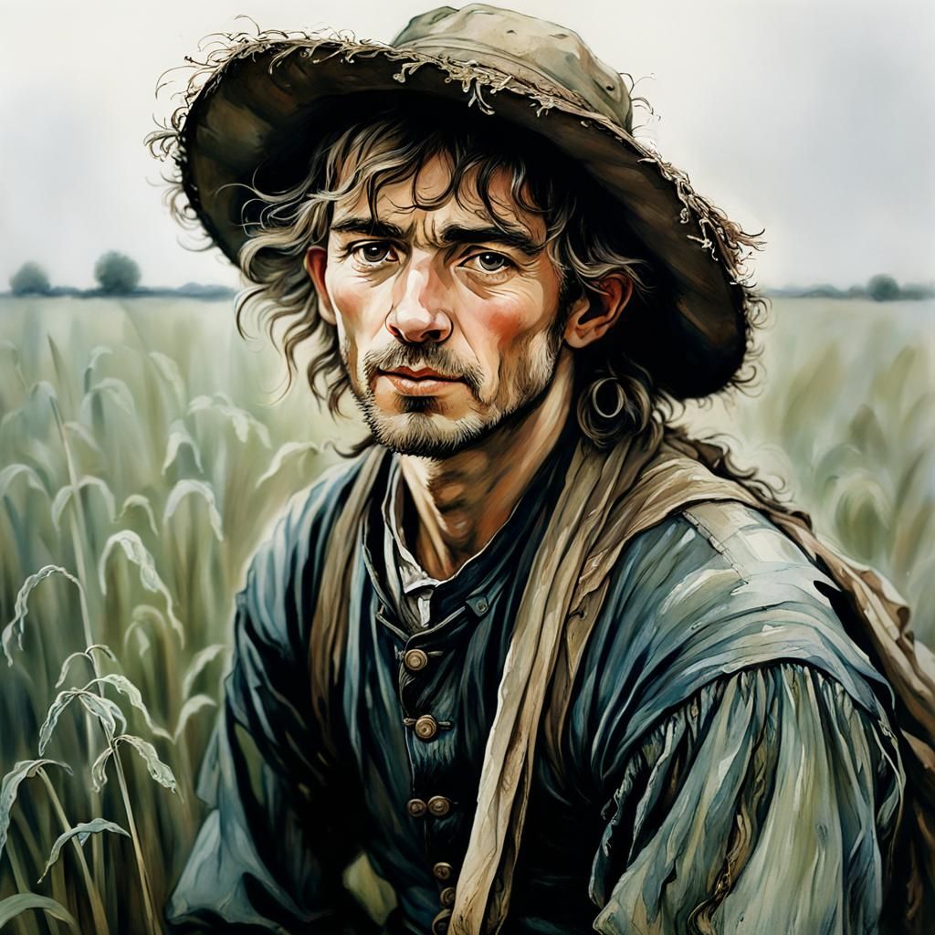 Peasant in Field, Arthur Rackham Storybook Style