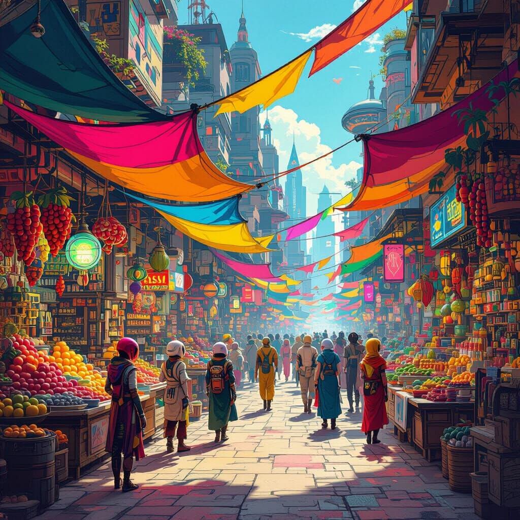 Vibrant Alien Marketplace in Retrofuturism Pop Art Style