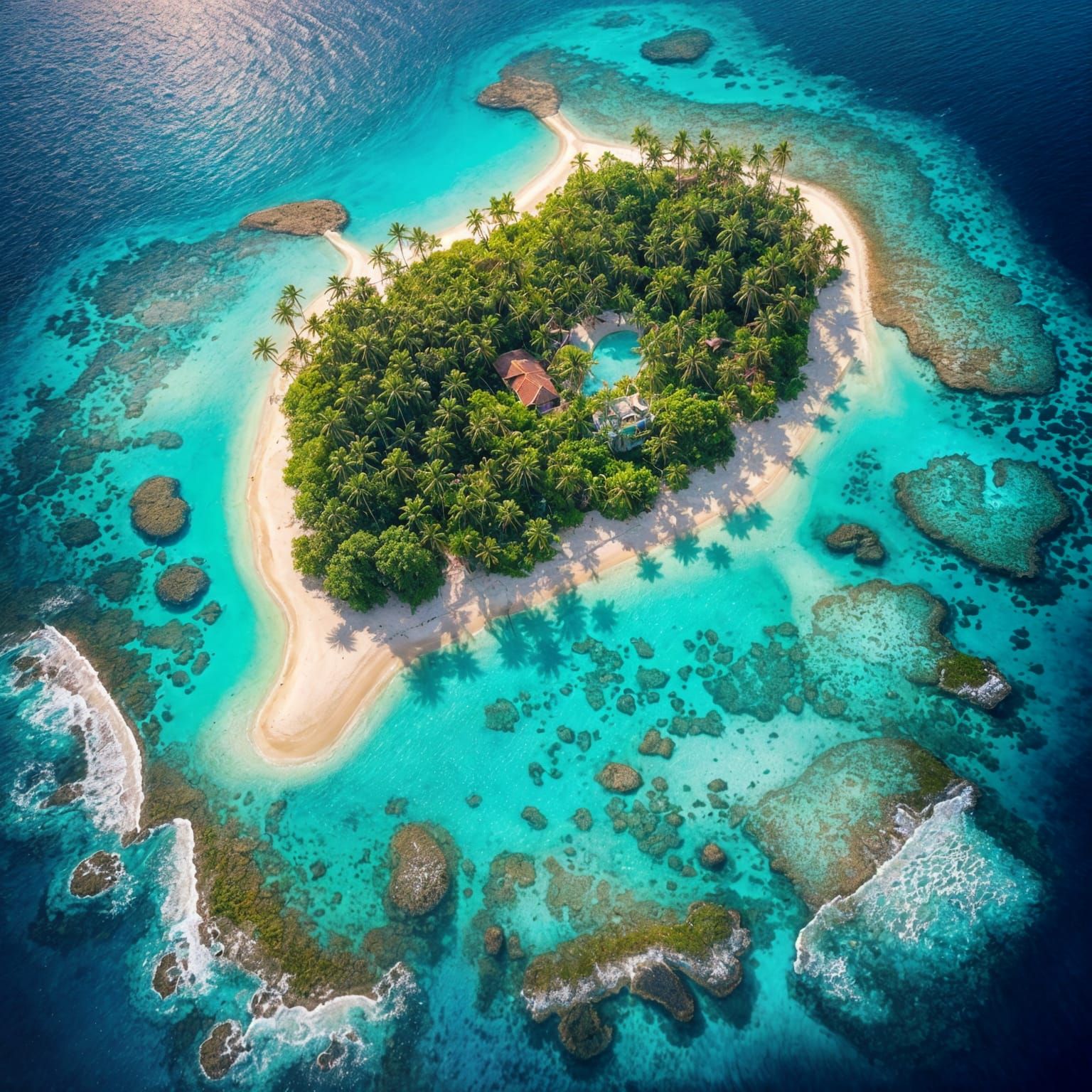 Bird’s-eye view soaring high above a secluded tropical island