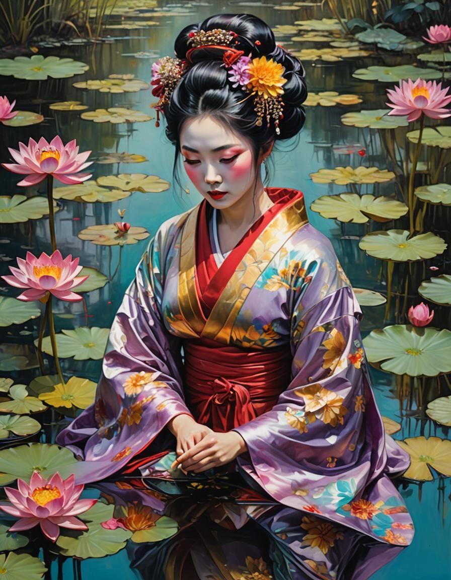 Geisha in Lotus Pond: Hyper-Detailed Oil Painting