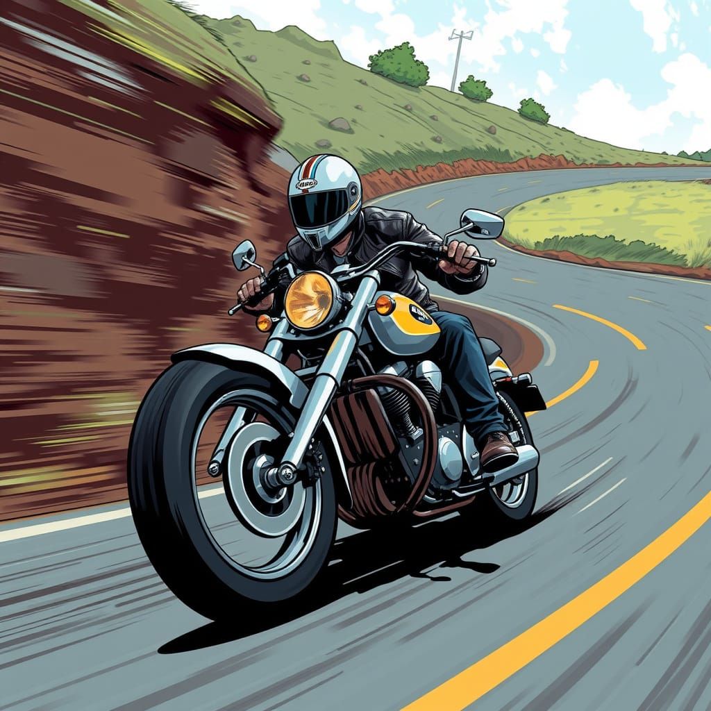 Vibrant Road Warrior Speeds Down Winding Road in Dynamic Ill...