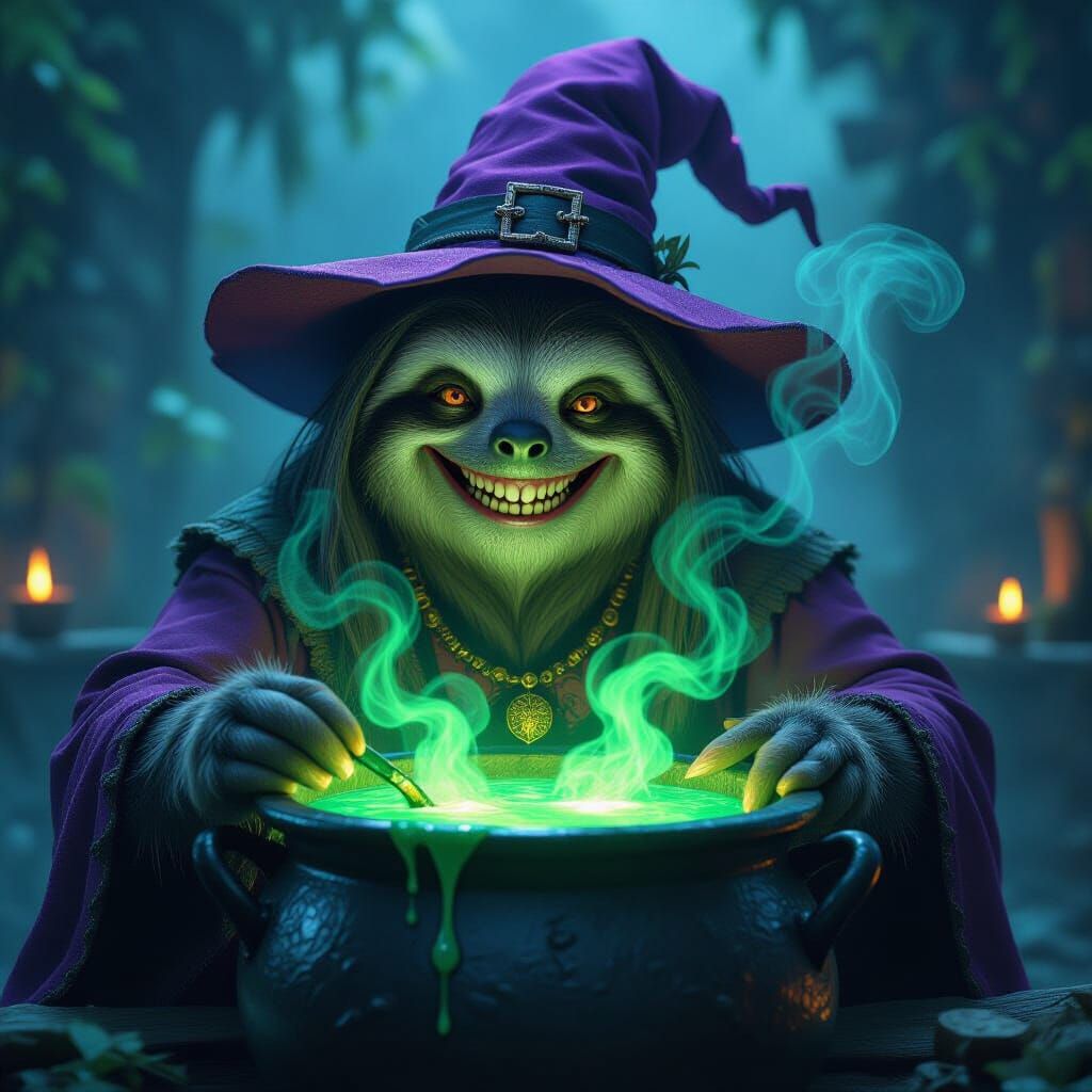 Sloth Potion Master Brewing Poison in Cinematic Style