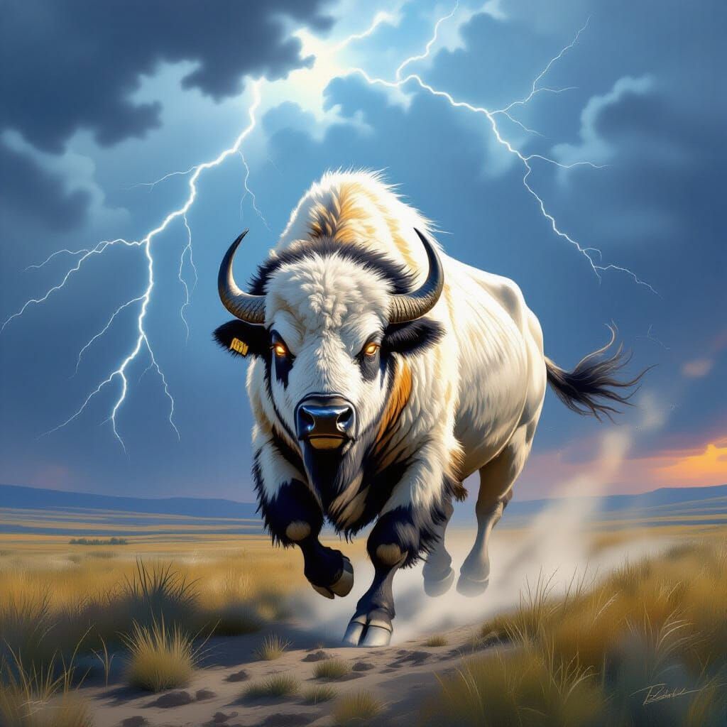 White Buffalo in Storm, Dramatic Lighting, Magical Realism