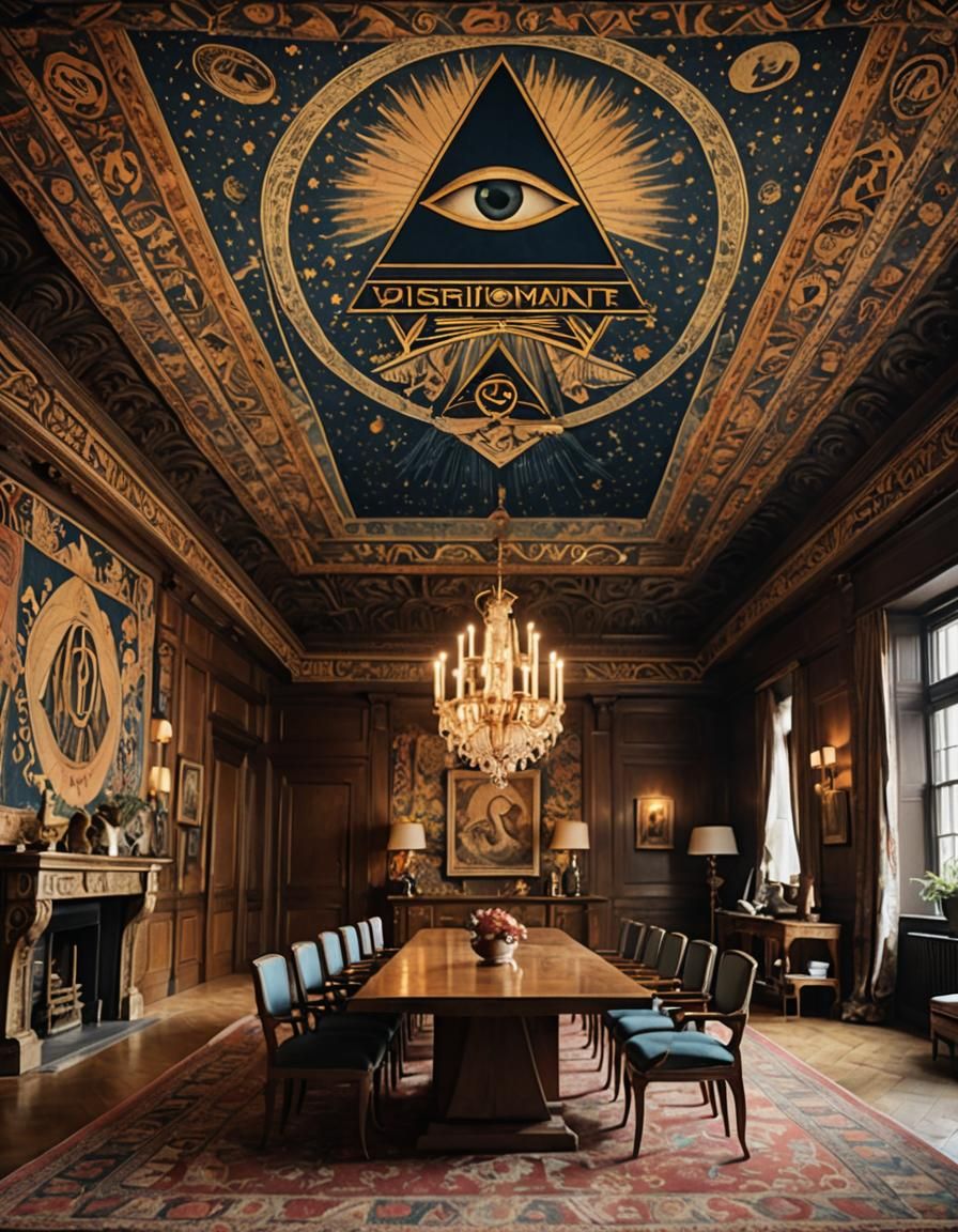 Humorous Illuminati Meeting in Film Still