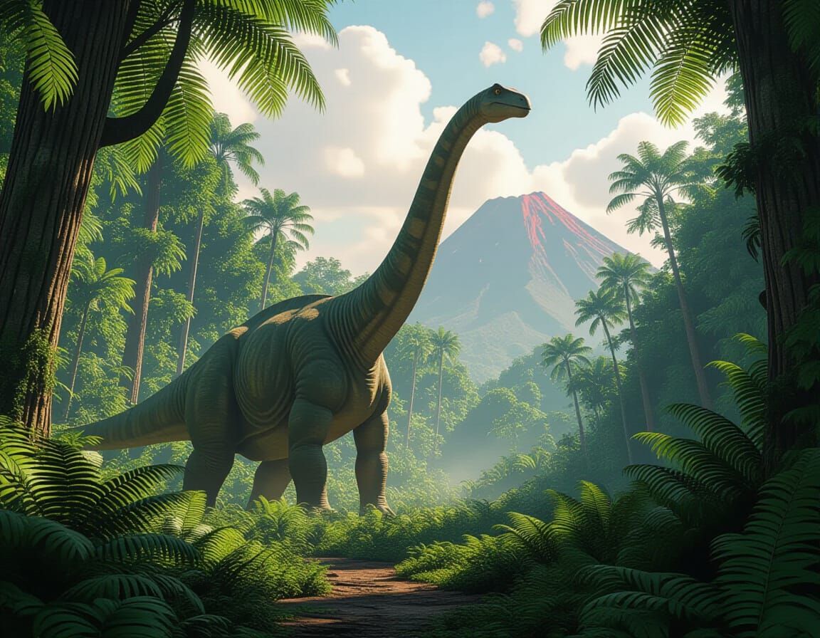 Brachiosaurus Roams Prehistoric Jungle with Volcano