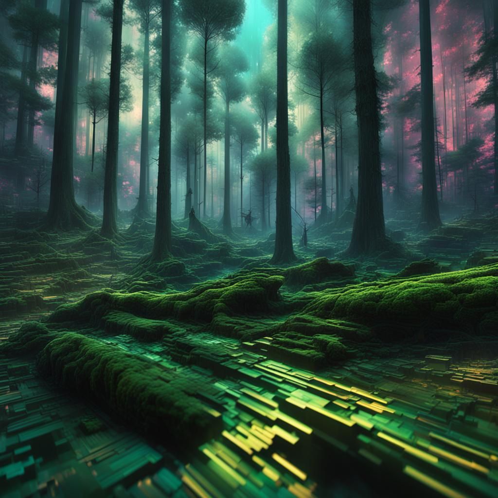 Glitch Effect Forest Matrix with Fractals