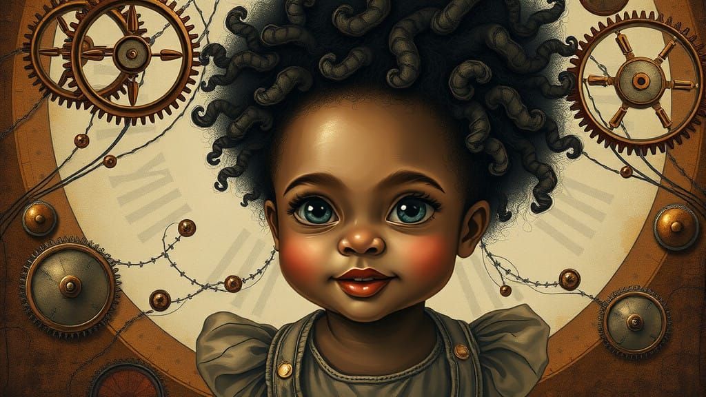 Steampunk Zentangle Girl with Curly Afro Puffs
