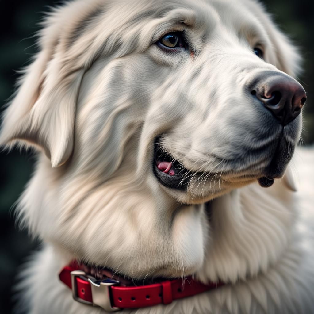 White great Pyrenees dog with red collar