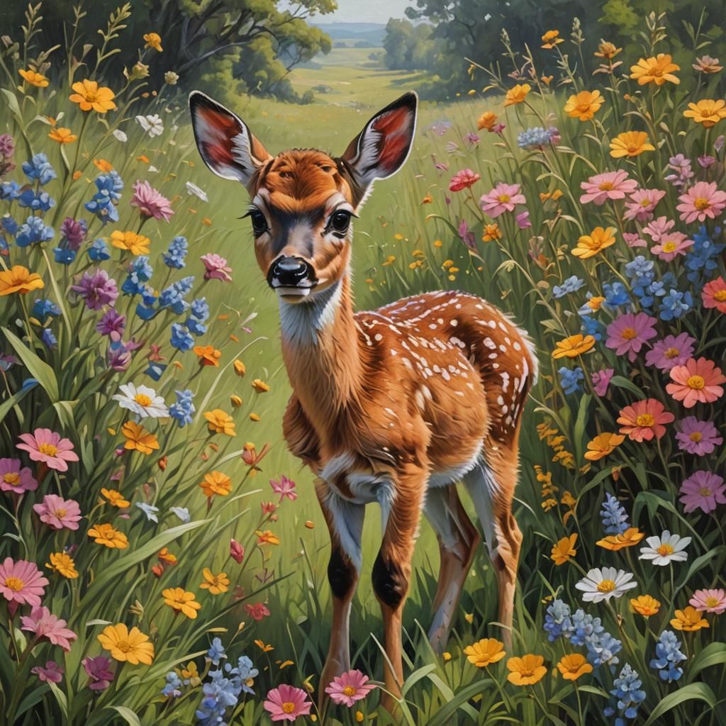 Baby Fawn in Flower Meadow: Oil Painting