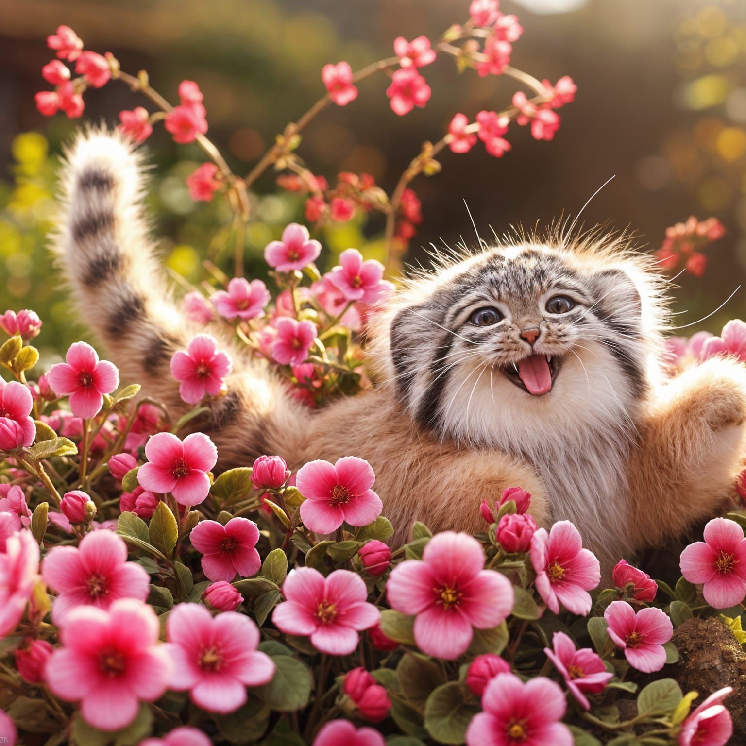 Whimsical Pallas Cat Amidst Vibrant Blooms