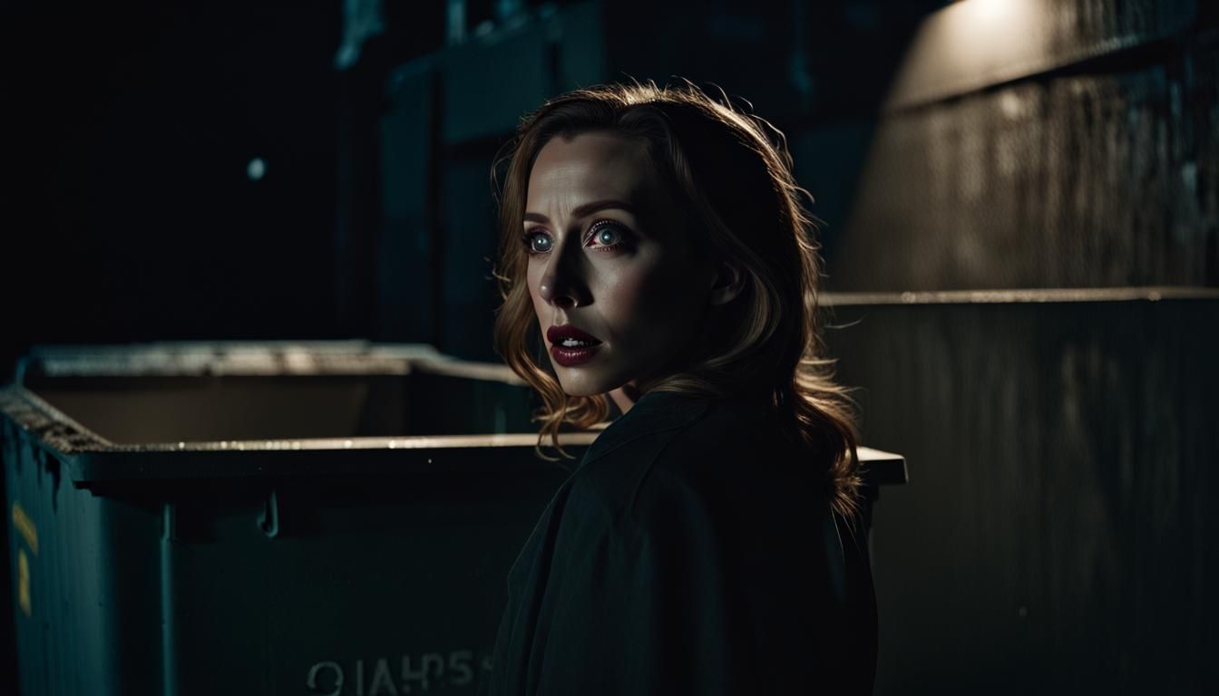 Fearful Woman Hides in Dark Alleyway at Night