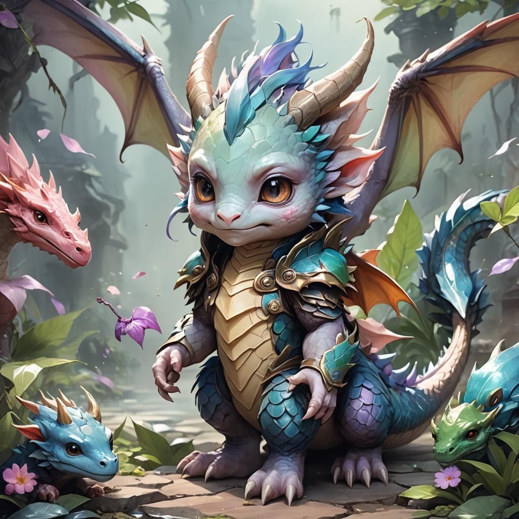 Chibi Baby Dragon in Watercolor Style