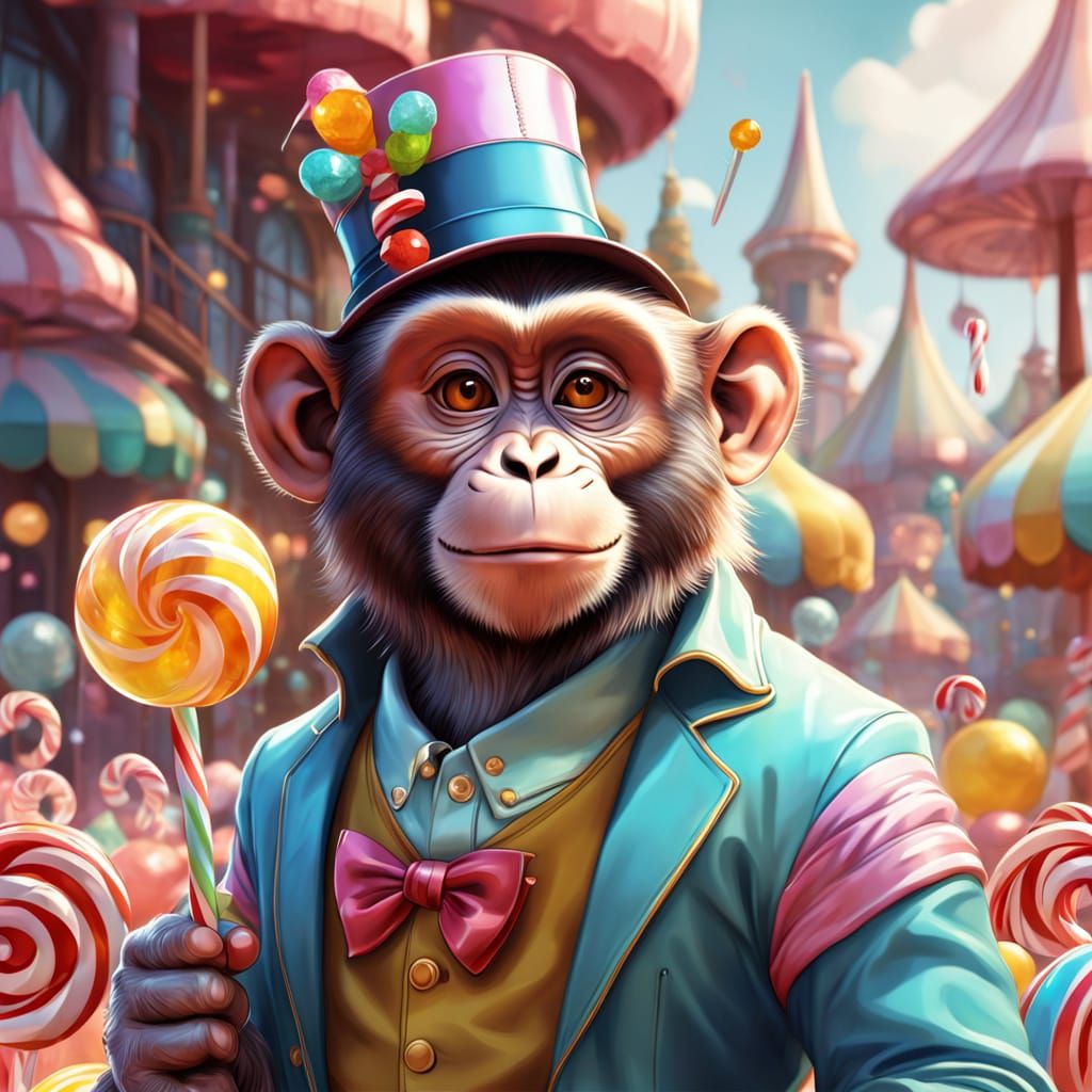 Vibrant Candyland Monkey in Oil Painting Style