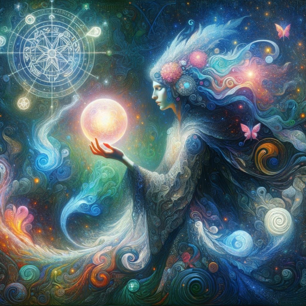 Evocative Witch Summons Glyphs in Symbolist Oil Painting