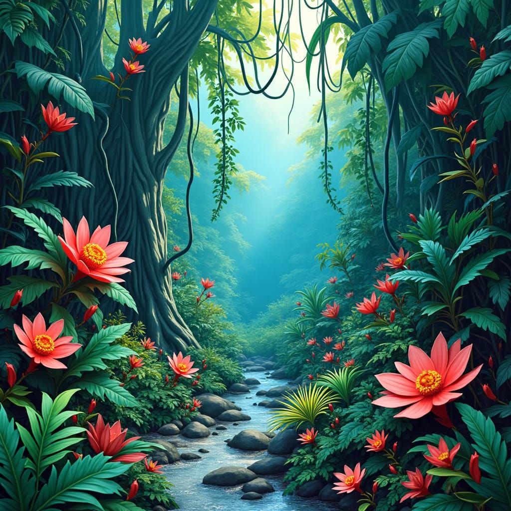 Lush Jungle Paper Art in Matte Painting Style