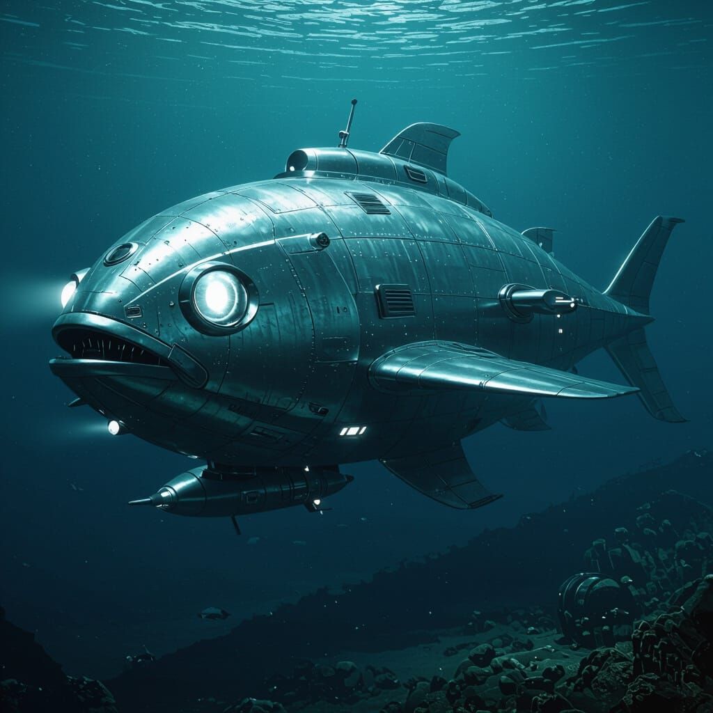 Gigantic Metallic Submarine Fish in Dark Ocean