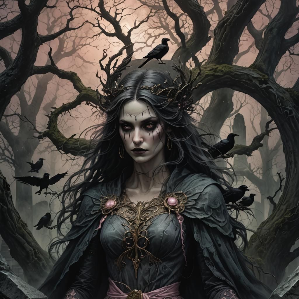 Morrigan Amidst Eerie Mist in Gothic Art Style