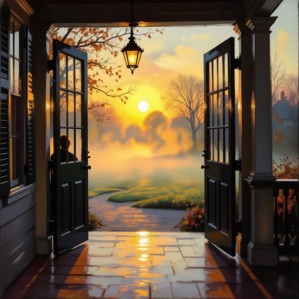 Impressionist Oil Painting of a Sunlit Porch on a Misty Morn...