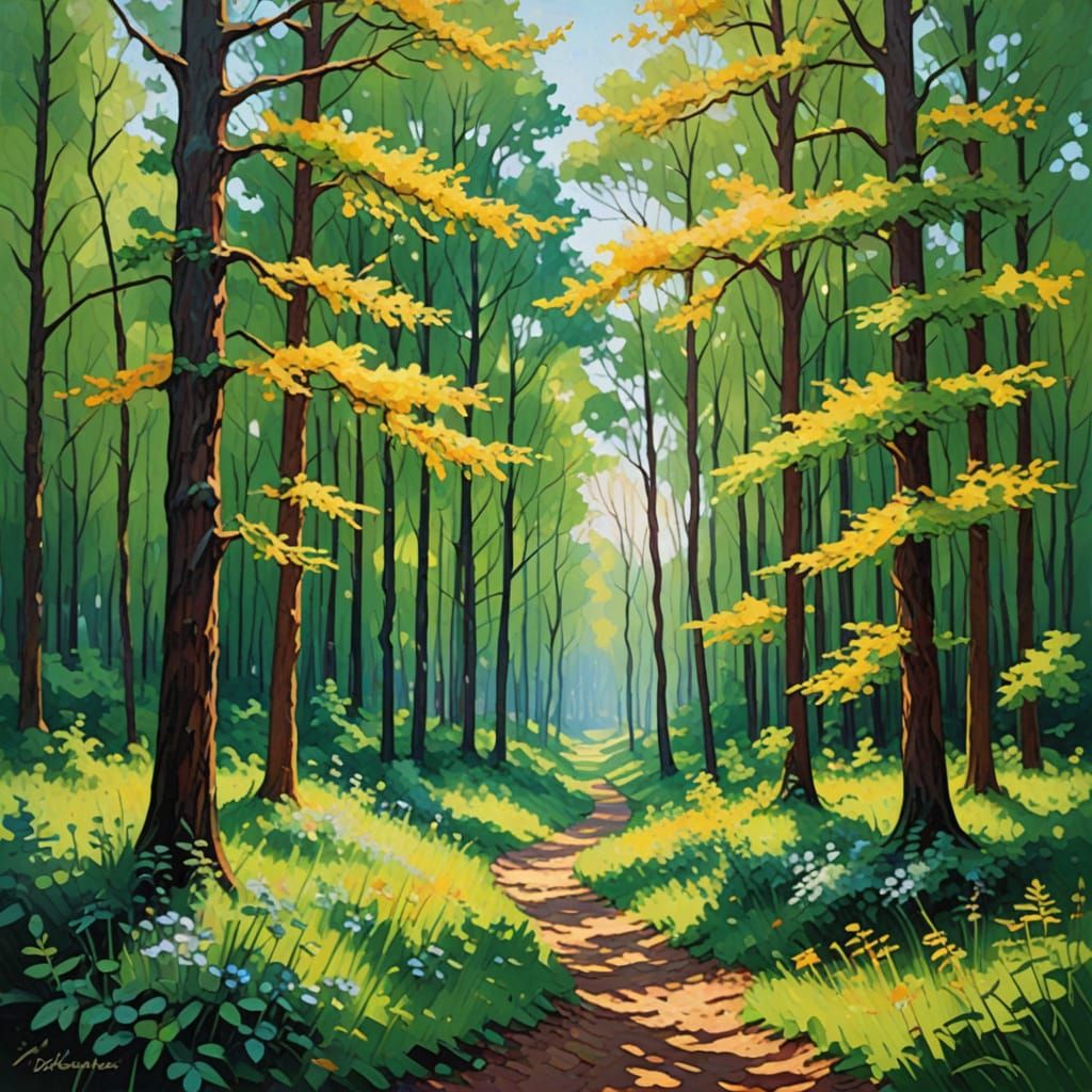 painting of a sunny forest with impressionist style