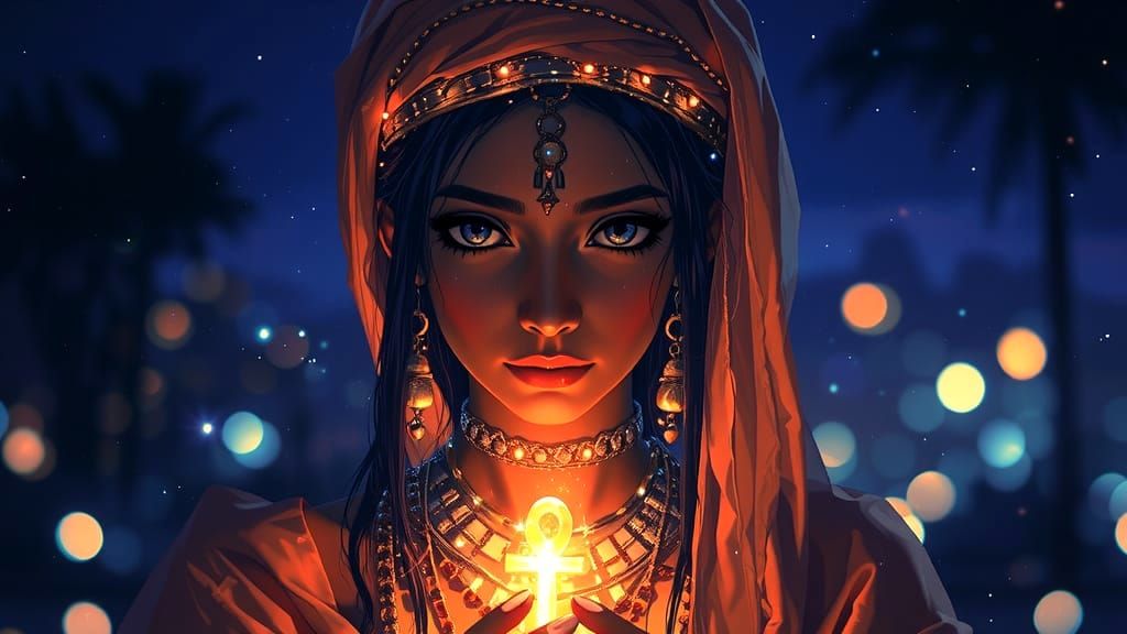 Egyptian Priestess with Ankh Under Starry Sky