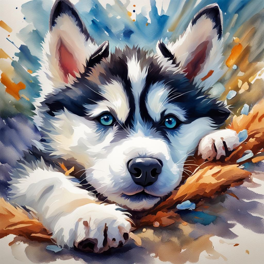 Fluffy Husky Puppy in Gouache Watercolor Style