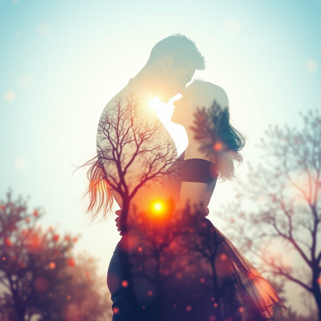 Photorealistic Double Exposure: Sunset Embrace in Surreal St...