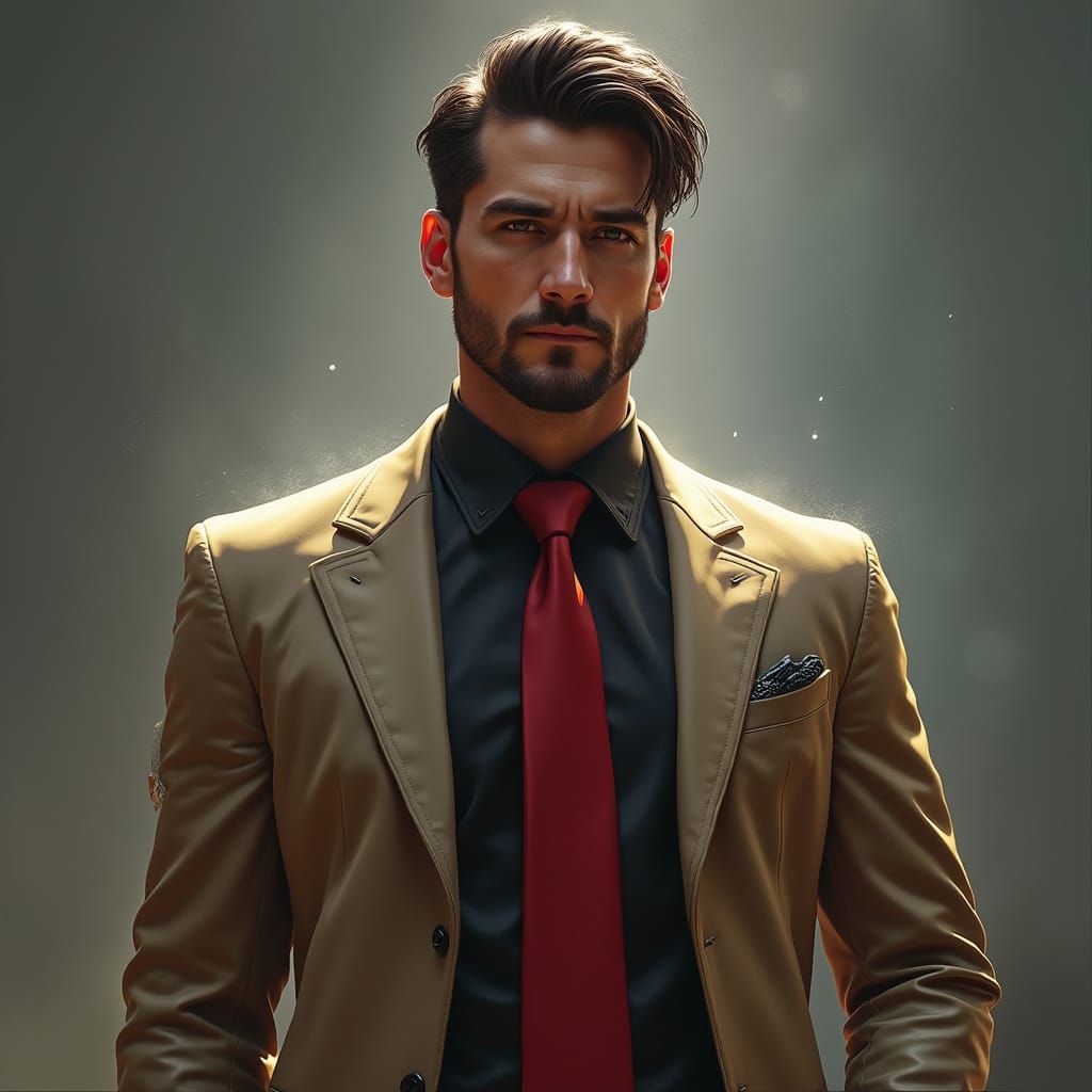 Man in Khaki Suit, Black Shirt, Red Tie