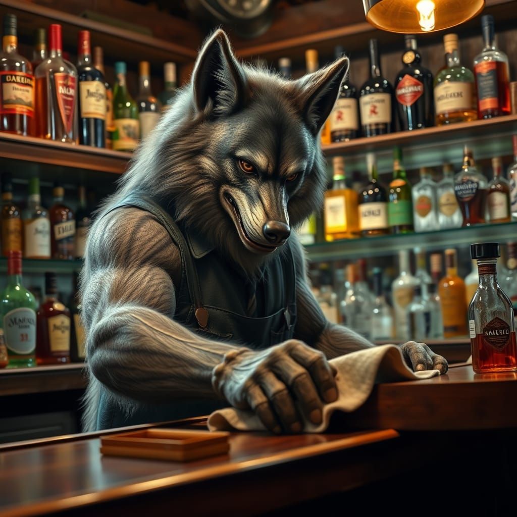 Realistic Wolfman Bartender Wiping Bar